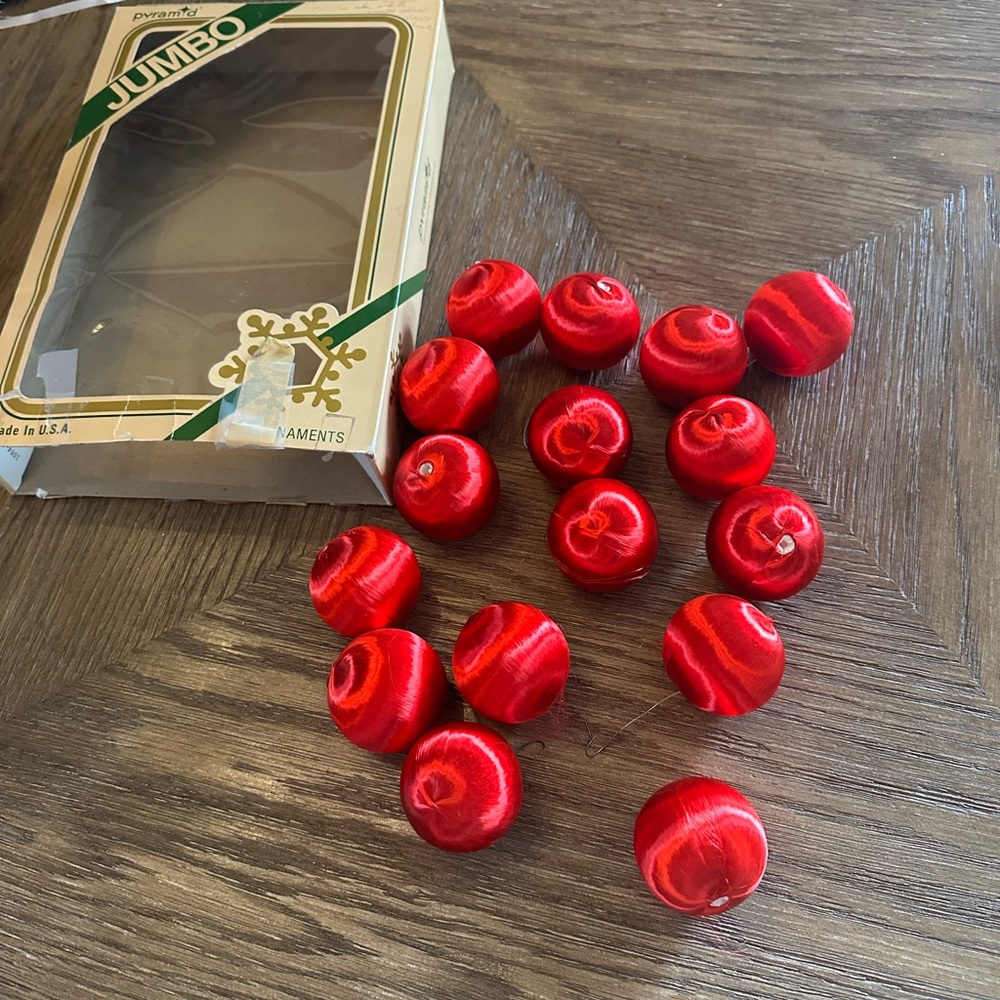 Vintage Pyramid red satin /string 2” ornaments (16 items with box)